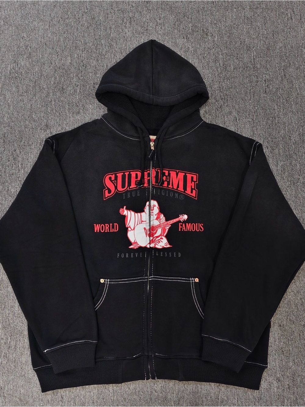 Supreme Black Zip-Up Hoodie with Red Graphic